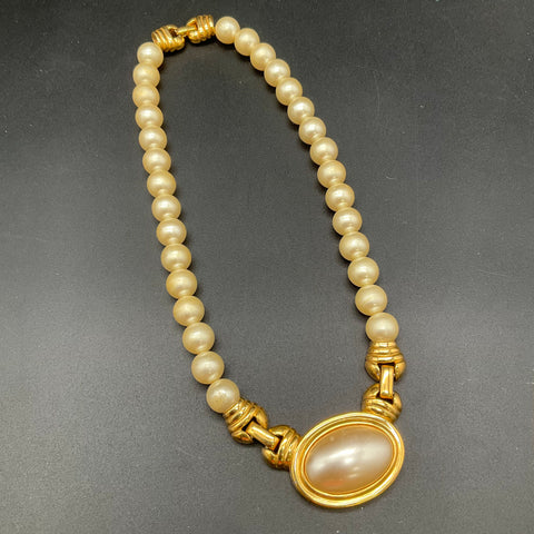 Vintage Napier Gold Tone Faux Pearl Beaded Necklace Oval Cabochon 16"