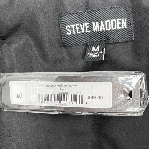 Steve Madden Women's Celestina Faux Leather Puffer Vest Black Cinch Waist M