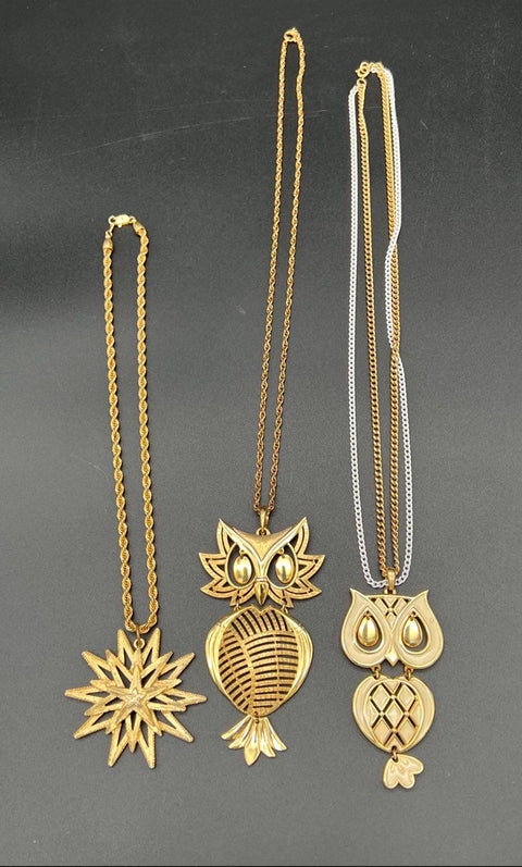Vintage ALAN Gold Tone Articulated Owl Starburst Pendant Necklace Lot of 3