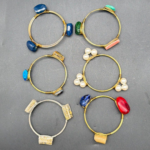 Wire Wrapped Bangle Bracelet Jewelry Lot 6pc Gold Silver Tone Faux Pearl Stone