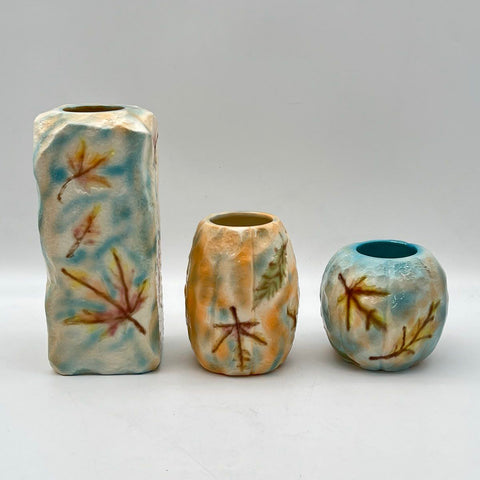 Studio Pottery Vase Lot 3 Pieces Signed Heart A Autumnal Leaf Motif Vintage