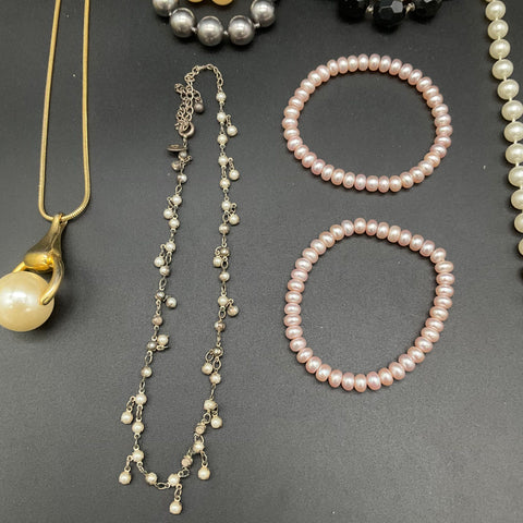 Vintage Faux Pearl Costume Jewelry Lot 10 pc Necklaces Bracelets Multi-Strand