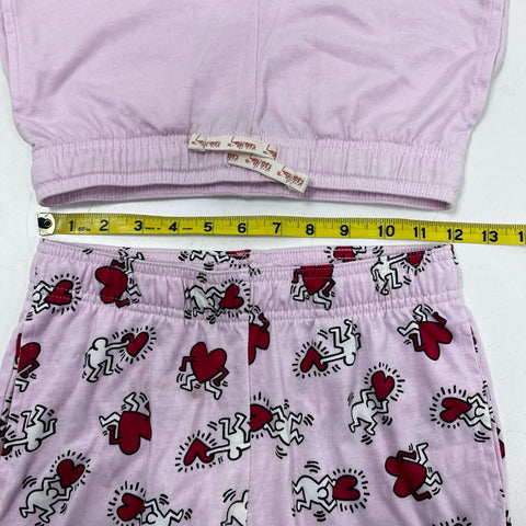 Keith Haring Kids PJ Set Pink Heart Motif T-Shirt Pants Shorts Sz M 10/12