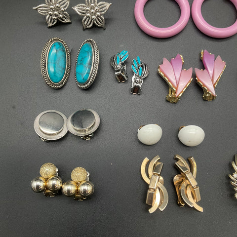 Vintage Costume Jewelry Lot of 20 Pairs Clip On Earrings Rhinestone Lucite