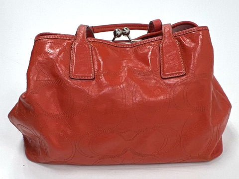 Coach Red Signature Embossed Leather Kiss Lock Tote Satchel Bag F15656 Silver