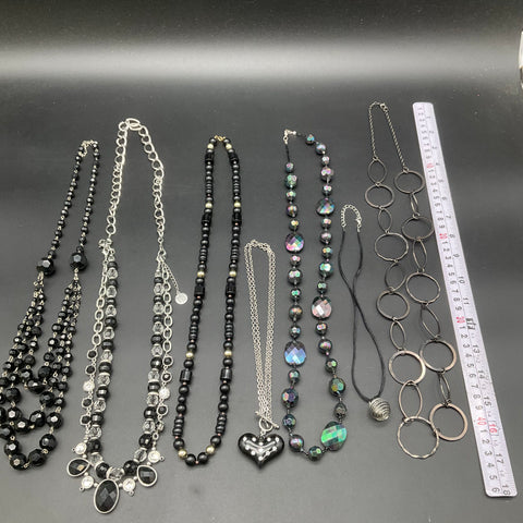 Black and Silver Tone Fashion Jewelry Lot of 7 Necklaces Rhinestone Heart Beads