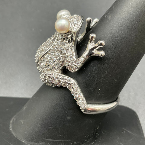 Vintage Silver Tone Crystal Pearl Eye Frog Statement Ring Size 8
