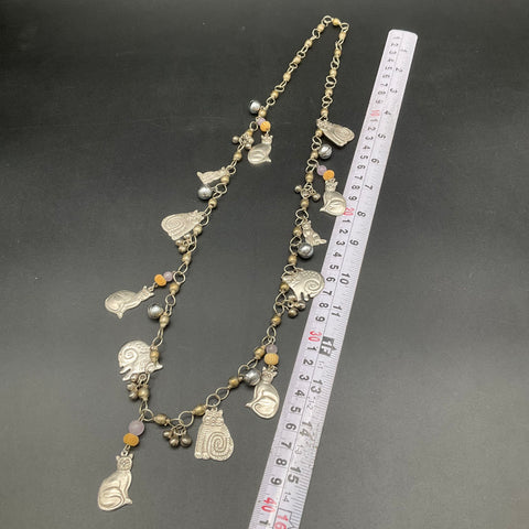 Artisan Silver Tone Cat Charm Necklace with Beads and Bells 16 Inch