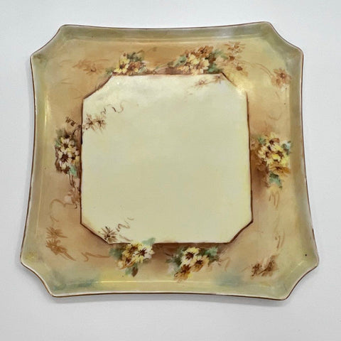 Antique Square Serving Plate Hand Painted Floral Porcelain Platter 9.5 Inch