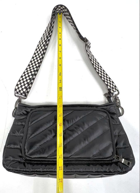 Think Royln Black Quilted Puffer Crossbody Bag Checkered Strap Gunmetal