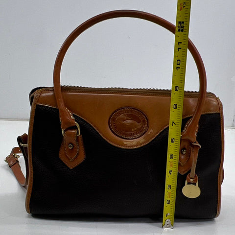 Vintage 90s Dooney & Bourke Black Tan All Weather Leather Satchel Brass