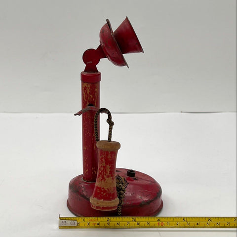 Vintage Red Toy Candlestick Phone Metal Wood Painted 8 Inch Collectible