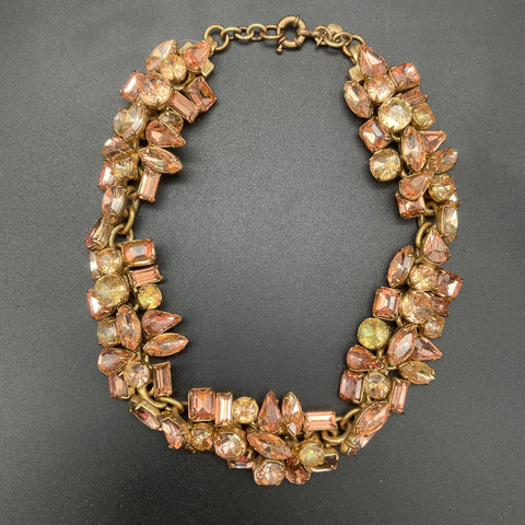 J Crew Glacier Gold Tone Pink Yellow Glass Crystal Statement Bib Necklace Signed