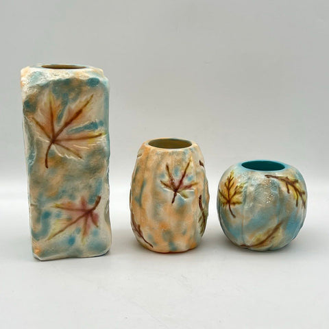 Studio Pottery Vase Lot 3 Pieces Signed Heart A Autumnal Leaf Motif Vintage
