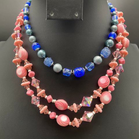 Vintage Trifari Signed Blue Glass & Pink AB Crystal Bead Necklace Lot of 2