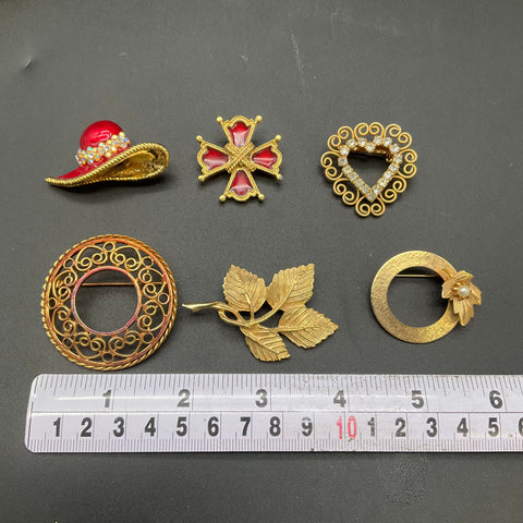 Vintage Gold Tone Brooch Lot of 6 DFA Rhinestone Enamel Red Hat Maltese Cross