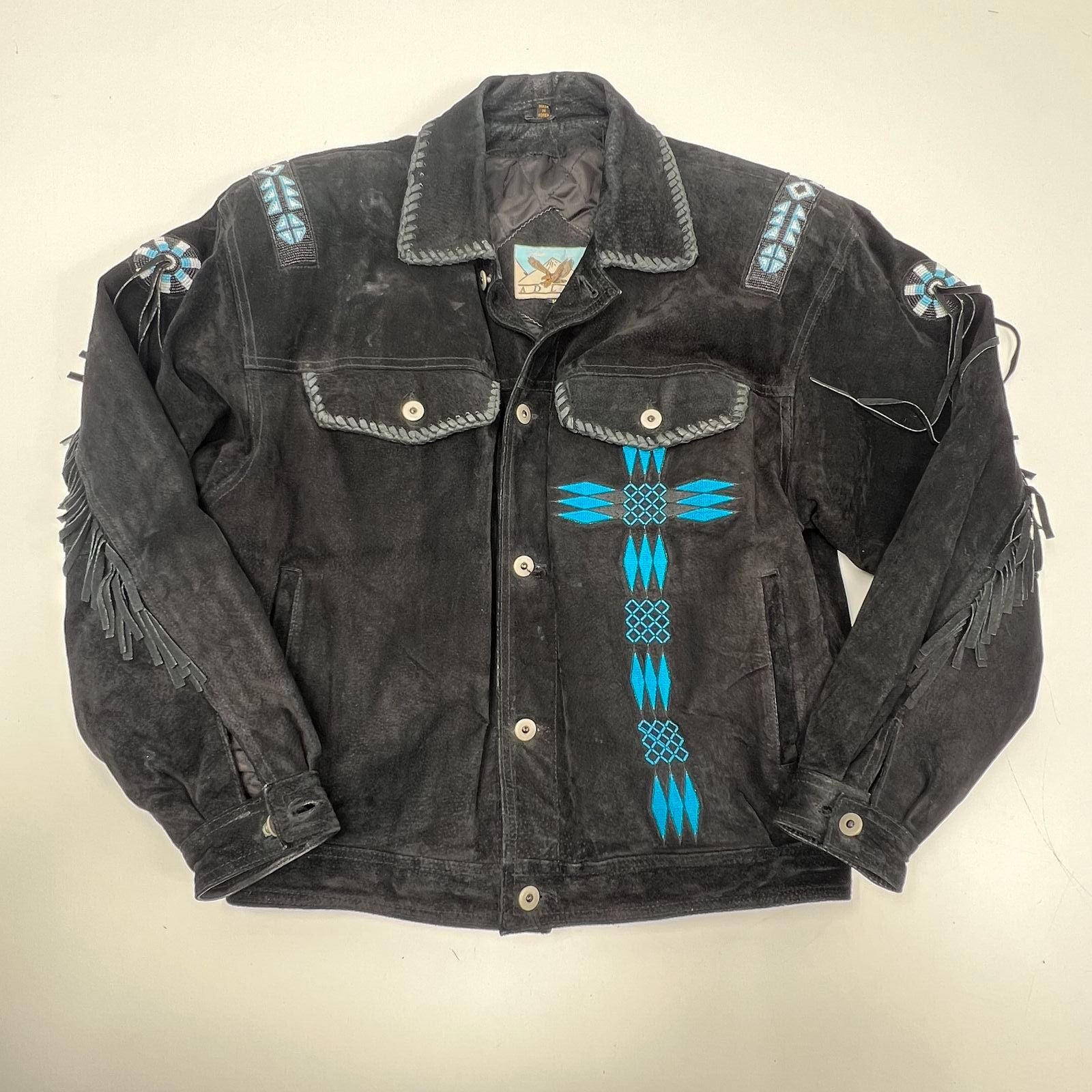 Vintage 90s Adler Suede Leather Beaded Fringe Western Jacket Sz M