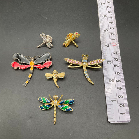 Vintage Dragonfly Brooch Pin Lot of 6 Rhinestone Enamel Gold Silver Tone