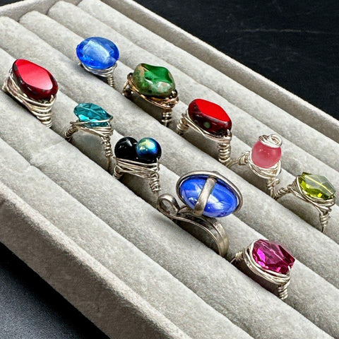 Artisan Wire Wrapped Silver Tone Rings Jewelry Lot of 10 Mixed Color Stones