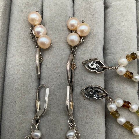 Sterling Silver 925 Pearl Gemstone Earring Lot of 10 Pairs Studs Dangles