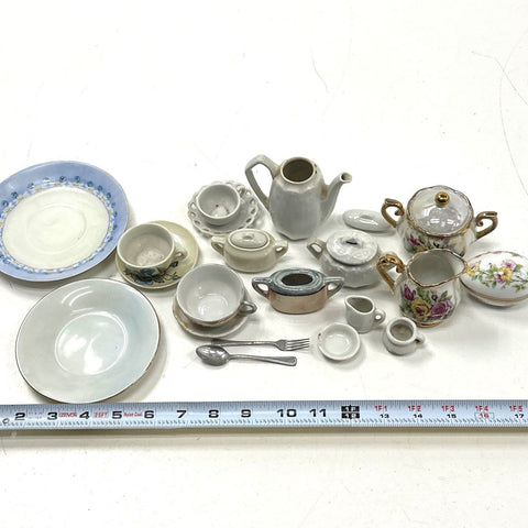 Vintage Miniature Child's Tea Set Lot 25pc Porcelain Plates Cups Teapot Metal