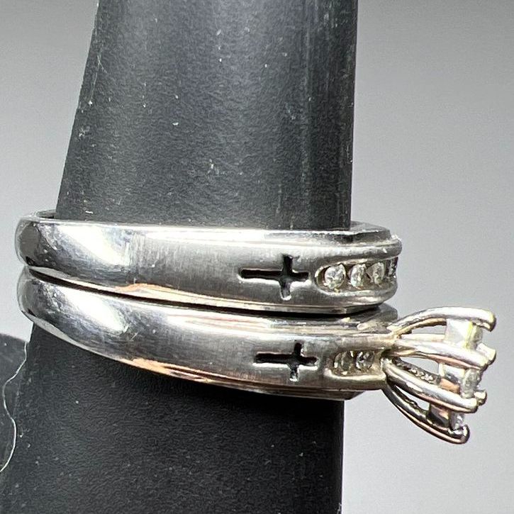 Sterling Silver Diamond Crosses Ring Christian Engagement Wedding Set 7.88g
