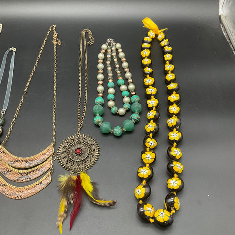 Boho Eclectic Necklace Lot 6pc Beaded Bib Filigree Feather Tribal Hawaiian Style