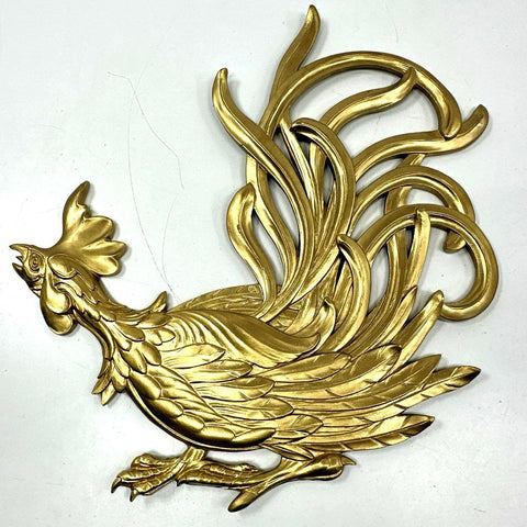 Vintage Syroco Wood Rooster Chicken Wall Plaques Pair Gold Tone Mid Century 1956