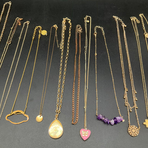 Vintage & Modern Gold Tone Costume Jewelry Lot 15 Necklaces Purple Stone Heart