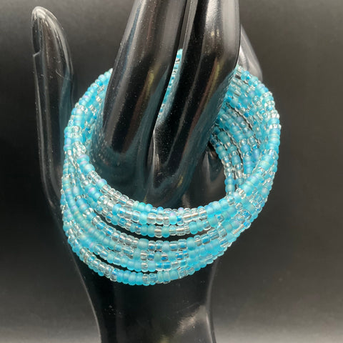 Blue Seed Bead Multi-Strand Necklace Bracelet Clip-On Earrings Jewelry Set 3pc