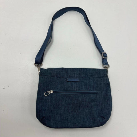 Haiku Blue Canvas Flap Crossbody Bag RFID Blocking Purse Silver Hardware