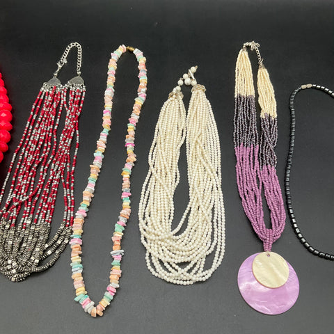Mixed Costume Jewelry Lot of 8 Necklaces Multi-Strand Seed Bead Shell Boho