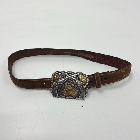 Nocona Brown Western Leather Crossed Guns Revolver Floral Buckle Belt Womens 26