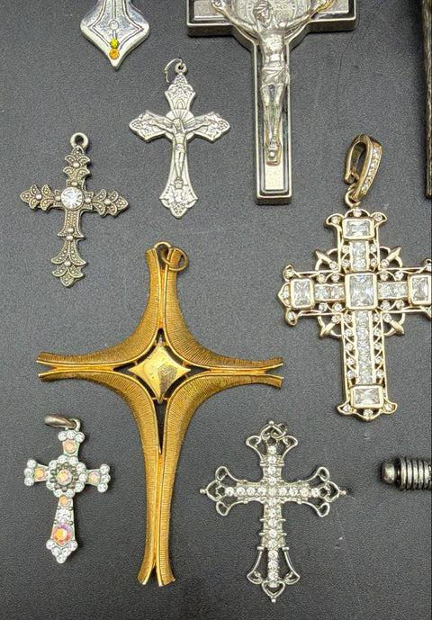 Mixed Cross and Crucifix Pendant Jewelry Lot 15 Pieces Vintage to Modern