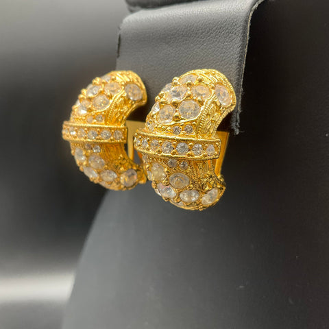 Vintage Les Bernard Gold Tone Clear Rhinestone Pave Dome Clip On Earrings
