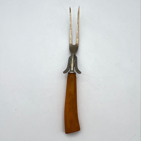 Vintage Serving Fork Meat Carving with Ejector Faux Bakelite Handle 9 Inch
