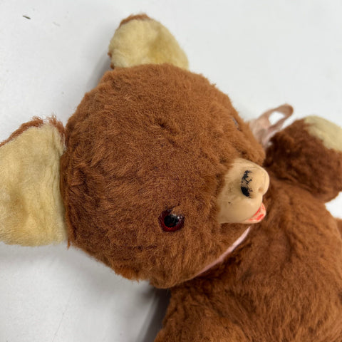 Vintage 50s 60s Rubber Face Teddy Bear Plush Brown Mid Century Kitsch Toy Doll