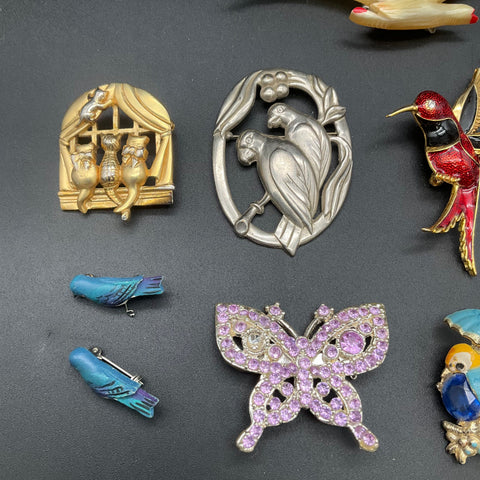 Vintage to Modern Animal Costume Jewelry Lot 15pc Birds Butterflies Cats Pig