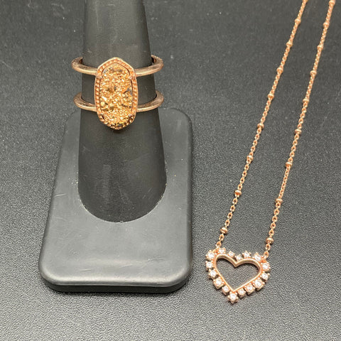 Kendra Scott Rose Gold Tone Drusy Ring Size 7 & Heart Crystal Necklace Set