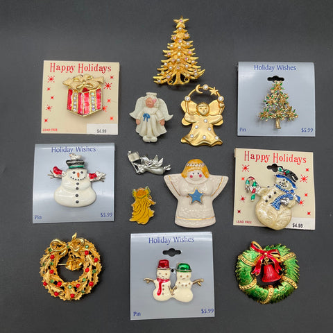 Vintage Christmas Holiday Brooches Lot 12 Signed Tancer Art Kmart Enamel Pins