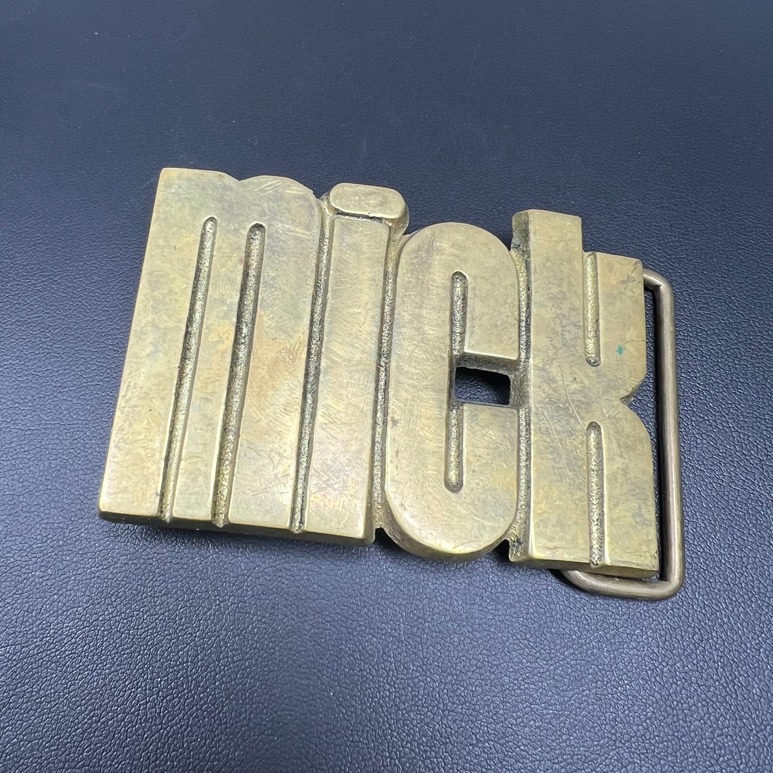 Vintage 70's Baron Buckle Co BBB Mick Cut-Out Name Belt Buckle Solid Brass
