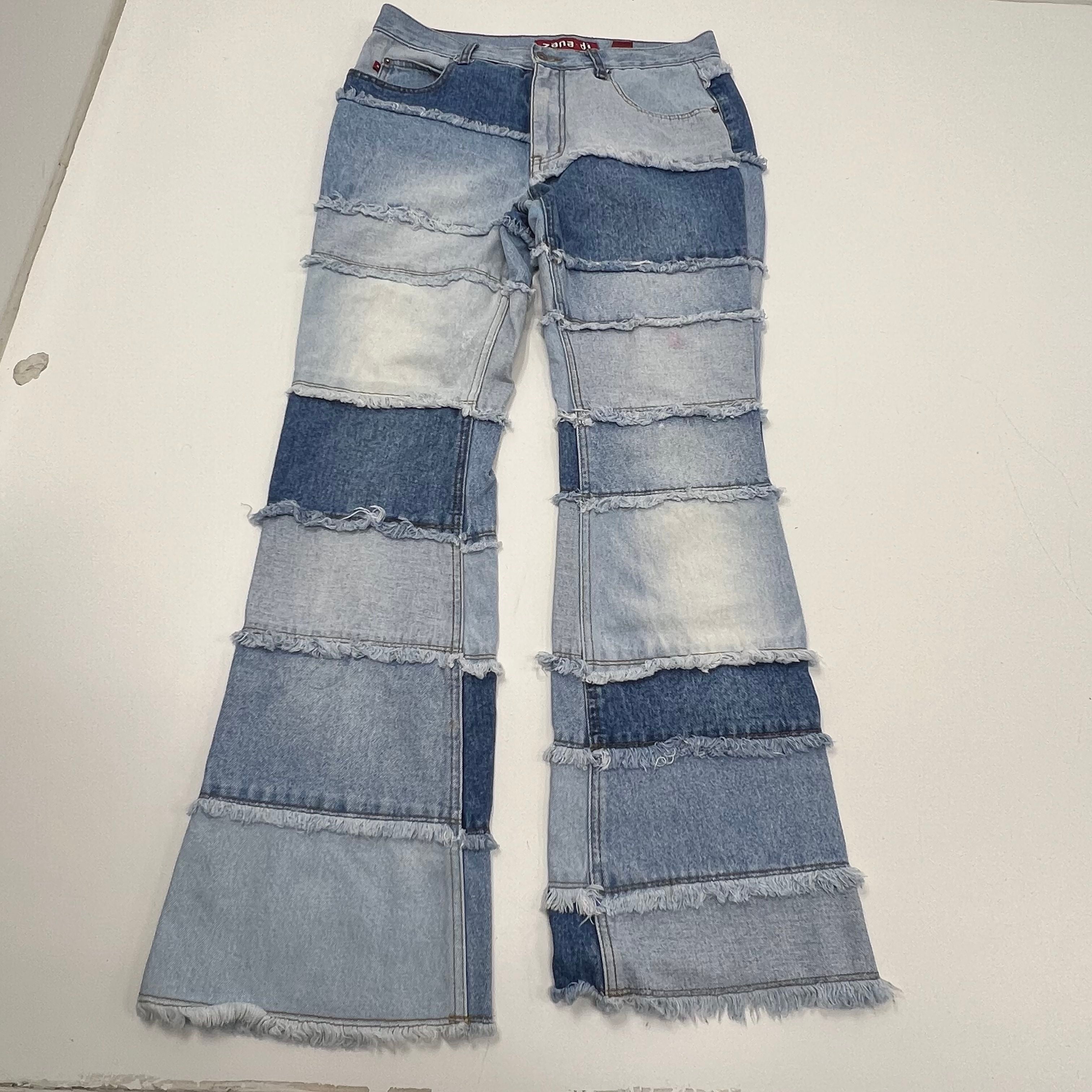 Vintage Y2K Zana Di Blue Patchwork Frayed Raw Hem Flare Jeans Women's Size 11