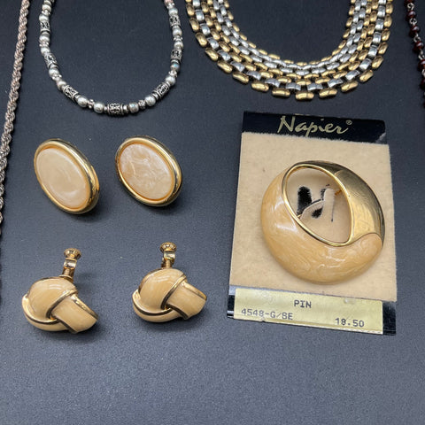 Vintage Napier Jewelry Lot of 10 Necklaces Earrings Brooch Gold Silver Tone