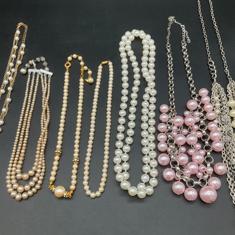 Faux Pearl Costume Jewelry Lot of 8 Necklaces Gold Silver Tone Multi-strand