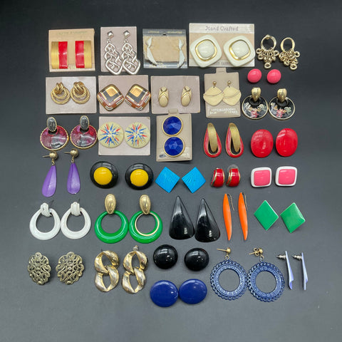 Vintage 80s Costume Jewelry Lot of 27 Pairs Bold Geometric Enamel Earrings