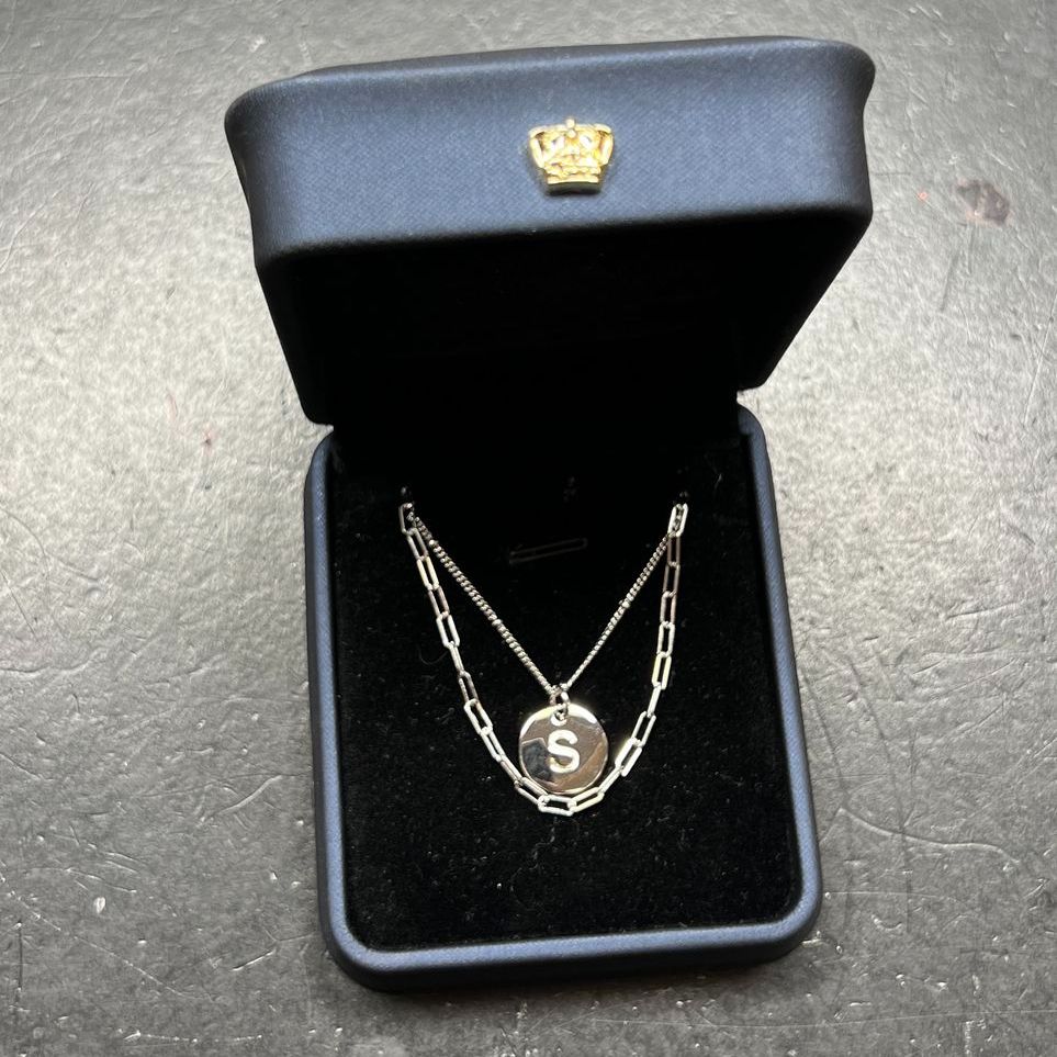 925 Sterling Silver Layered Necklace Set S Initial Pendant Hammered Paperclip