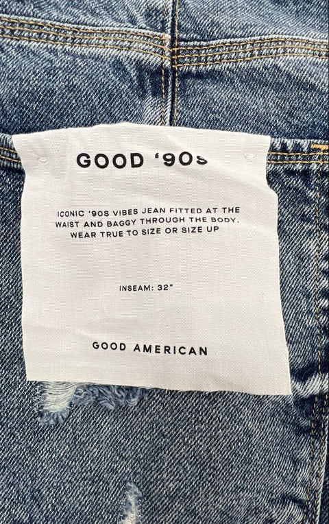 Good American Women's Good '90s Jeans Indigo Distressed Baggy Raw Hem NWT Sz 18