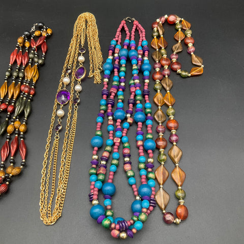 Vintage Statement Jewelry Lot 7 Pieces Multi-Strand Necklaces Clip-On Earrings