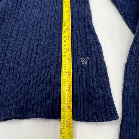 Vintage Y2K American Eagle Women's Navy Cable Knit V-Neck Sweater XS