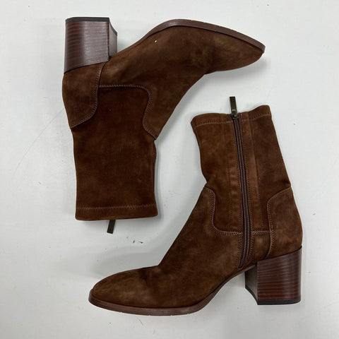 Aquatalia Faria Brown Suede Stretch Ankle Boots Block Heel Italy Size 8.5